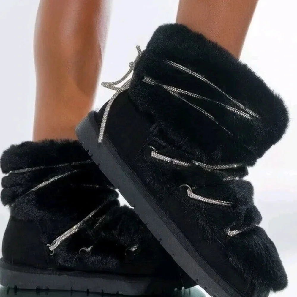 AZALEA WANG Retrograde Alina Black Faux Fur Moon Boots Rhinestone Laces NEW